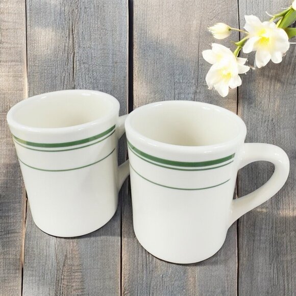 TUXTON 9oz Ceramic Restaurant Grade Diner Coffee Cup Mug Green Stripes Set 3 VTG - Picture 12 of 16